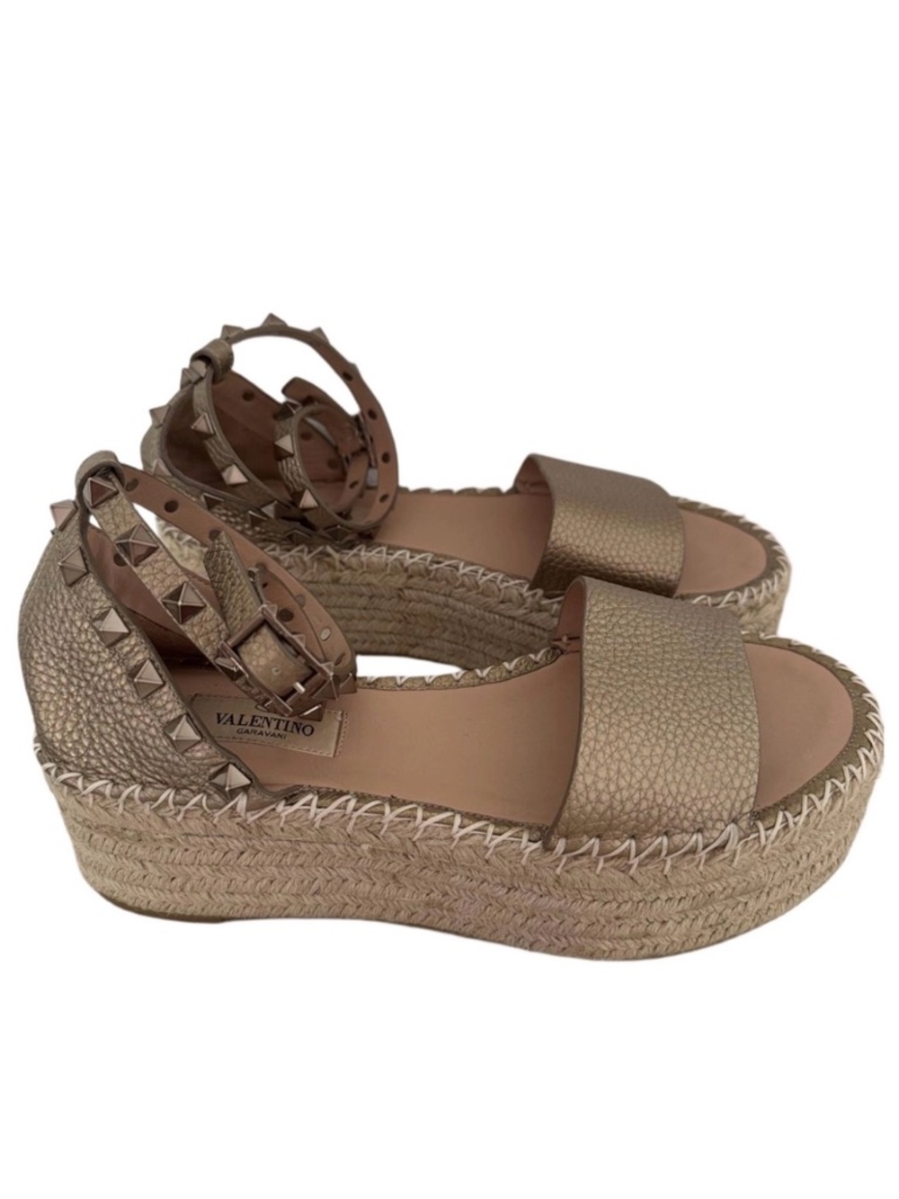 Valentino Metallic Gold Studded Espadrille Wedge Sandals